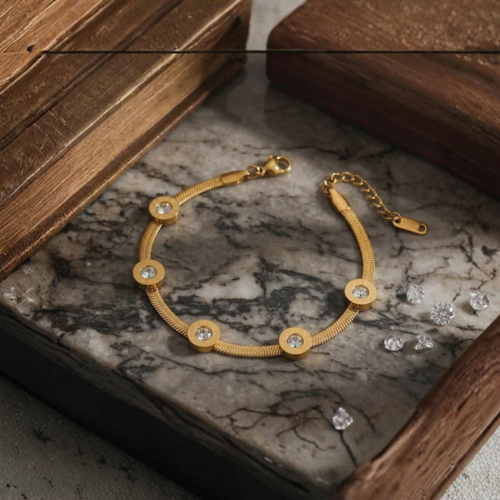 Luxury Gold Roman Numeral Crystal Charm Bracelet for Women – Elegant Adjustable Snake Chain Bracelet | Trendy Artificial Jewelry Gift