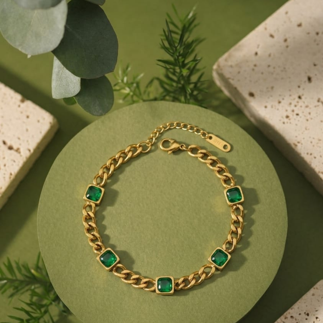 Luxury Emerald Green Gemstone Gold Chain Bracelet for Women | Elegant Cuban Link Adjustable Statement Jewelry | Premium Fashion Wrist Bracelet Gift