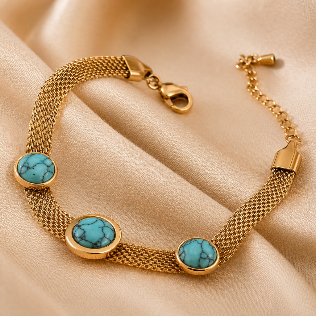 Luxury Gold Mesh Chain Turquoise Stone Bracelet for Women | Elegant Adjustable Boho Chic Statement Jewelry Gift