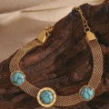 Vintage Roman Numeral Gold Mesh Chain Bracelet with Turquoise Stones – Bohemian Antique Charm Jewelry
