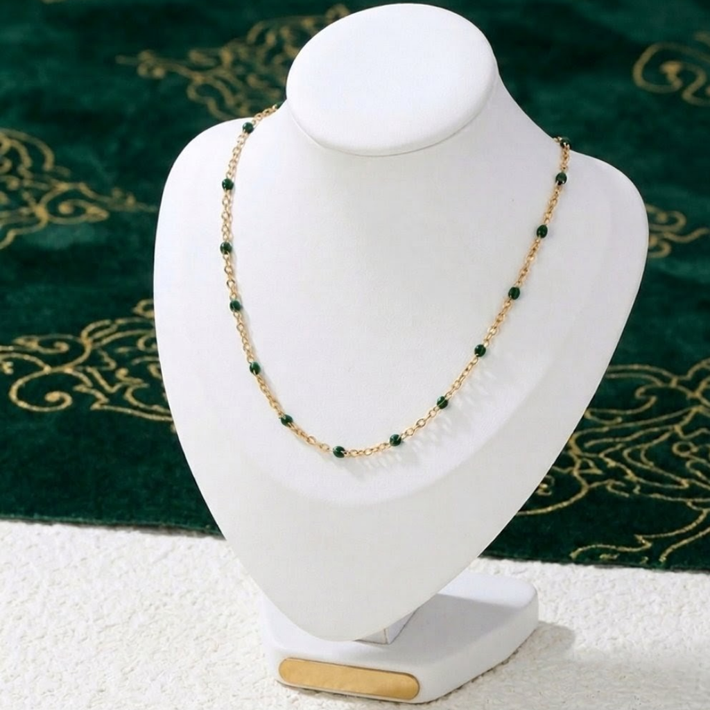 Emerald Essence |  Gold Plated Minimalist Green Beaded Satellite Chain Necklace